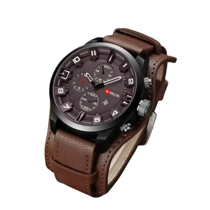 Leather Strap Military Sports Men Watch- Brown