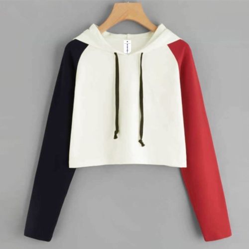 Danami Women Black & Red Contrast Off White Crop Hoodie